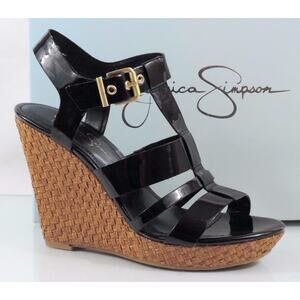 Jessica Simpson Casie 2 Platform Wedge Sandal Heels Black Patent Size 10